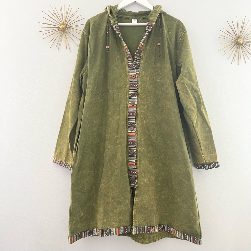 Hippie Green Embroidered Multicolor Long Khaki Coat